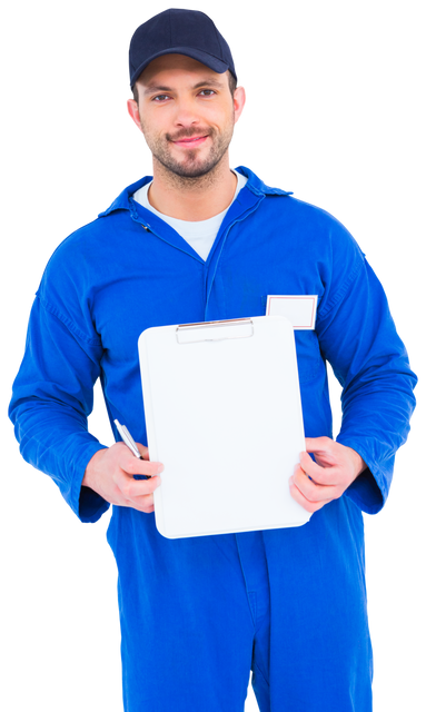 Male Mechanic Holding Transparent Clipboard in Blue Uniform - Download Free Stock Videos Pikwizard.com