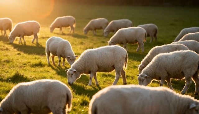 Sunlit flock of sheep grazing in golden hour pasture with warm rim light