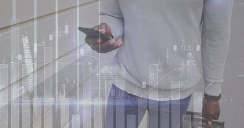 Man Analyzing Financial Data on Smartphone with Overlay Graphics