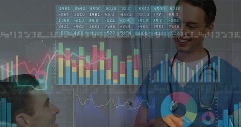 Smiling doctor in blue scrubs wearing stethoscope with healthcare data charts overlay