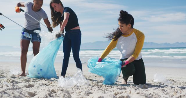 Volunteers, wearing casual clothing, collect plastic waste on a beach. Ideal for themes related to environmental conservation, community service initiatives, beach clean-ups, sustainability, and team activities aimed at reducing pollution in coastal areas.