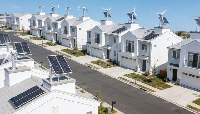 Suburban houses generating clean energy with rooftop solar panels and small wind turbines