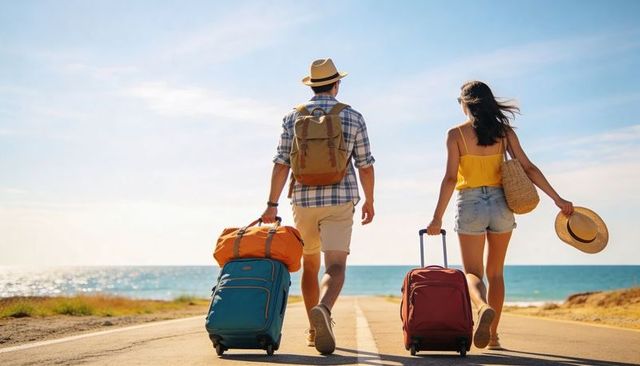 Couple walking toward ocean pulling luggage on coastal road summer vacation escape