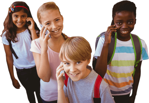 Transparent Smiling School Kids Using Cellphones