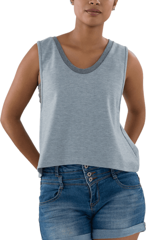 Casual elegance: woman in grey top and denim shorts transparent