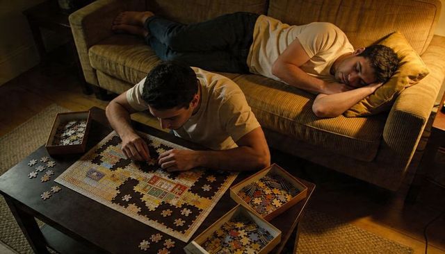 Late evening jigsaw assembling while friend napping on sofa in warm living room light