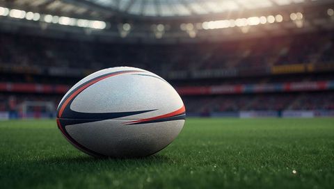 Rugby Ball on Grass Pitch in Modern Stadium with Floodlights