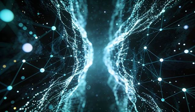 Flowing cyan particle streams creating luminous tunnel of digital data with network nodes