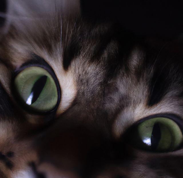 Cat with glowing green eyes creates a mysterious and sharp atmosphere in low light. Perfect for use in animal-themed content, highlighting feline features, illustrating nocturnal animals, or creating a sense of intrigue and curiosity.