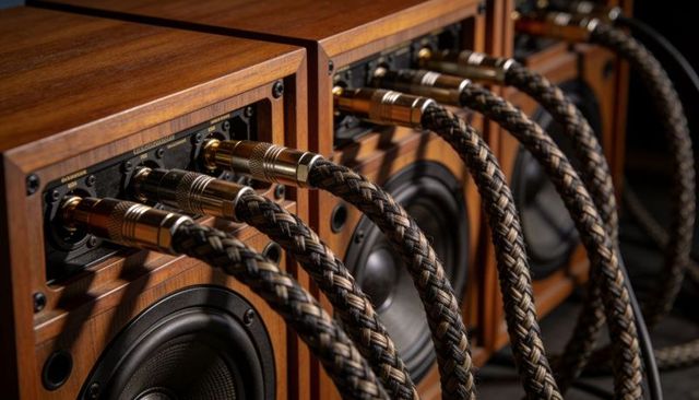 High-end wooden bookshelf speakers featuring braided cables with gold plugs for audiophile systems