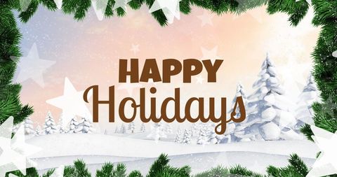 Happy Holidays Banner over Snowy Winter Landscape