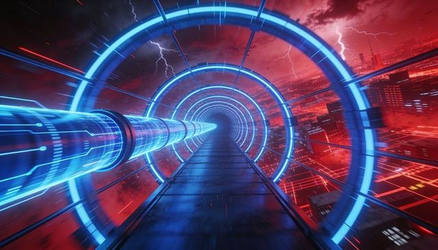 Neon Tunnel Corridor with Glowing Energy Conduit and Futuristic Cityscape Perspective