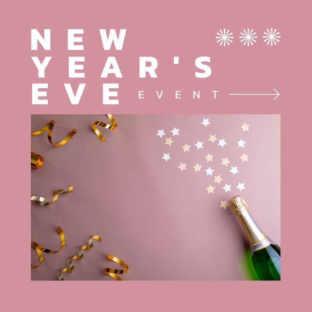 This design features New Year's Eve party text over a festive scene with champagne and decorative elements like stars and ribbons. Perfect for digital invitations, social media posts, event promotions, and holiday greeting cards.