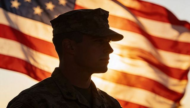 Silhouetted US Soldier Standing at Attention with American Flag Backlit by Sunset Ceremony