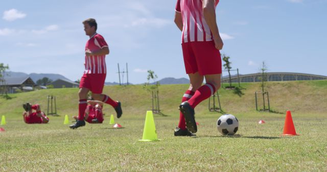 This conveys youth soccer team practicing outdoors on a sunny day wearing red uniforms. Ideal for promoting youth sports programs, athletic training camps, team-building exercises, or articles about active lifestyles and physical fitness in children.