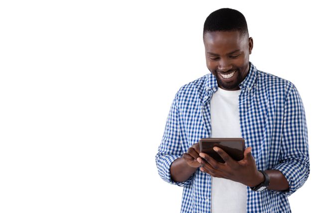 Happy man using digital tablet against white background
