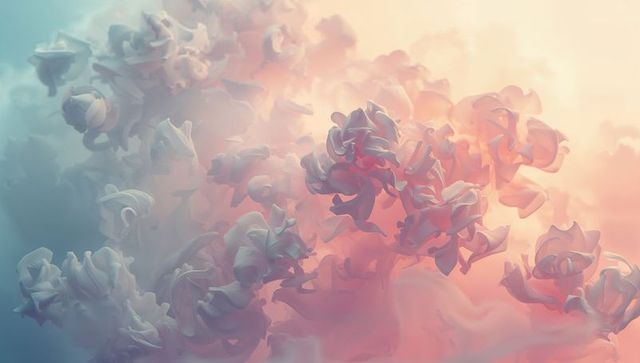 Drifting pastel petal clouds floating in aqua and peach gradient, ethereal abstract