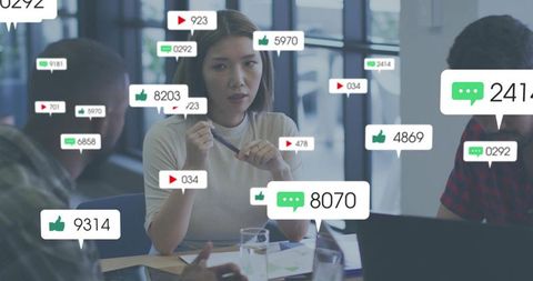 Team leader guiding collaborative strategy meeting with social media metrics overlays