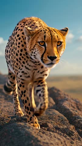 Vertical video cheetah approaching camera patrolling African savannah from rocky outcrop