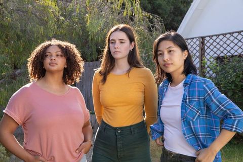 Confident Three Female Friends Standing Outdoors in Sync