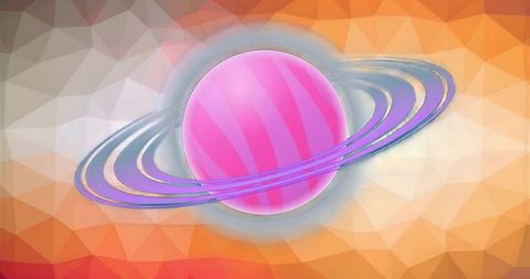 Glossy Pink Planet with Translucent Rings Rotating over Vibrant Low-Poly Geometric Backdrop