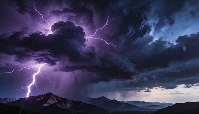 Purple lightning striking jagged mountain peaks at dusk under ominous cumulonimbus storm