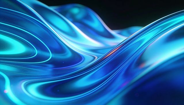 Flowing iridescent liquid waves with cyan gradients and neon accents for tech design