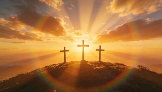 Three crosses at sunrise on hilltop with golden rays and radiant lens flare
