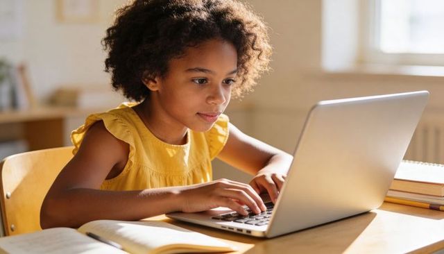 Schoolgirl studying on laptop typing with open textbook at sunlit wooden desk