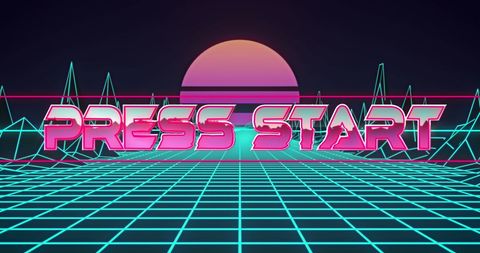 Retro Game Start Screen with Futuristic Grid and Sunset - Download Free Stock Images Pikwizard.com