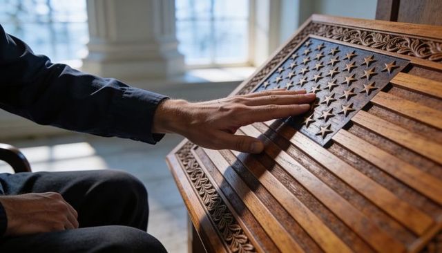 Right hand resting on carved wooden american flag panel, sunlit wood grain and carved stars