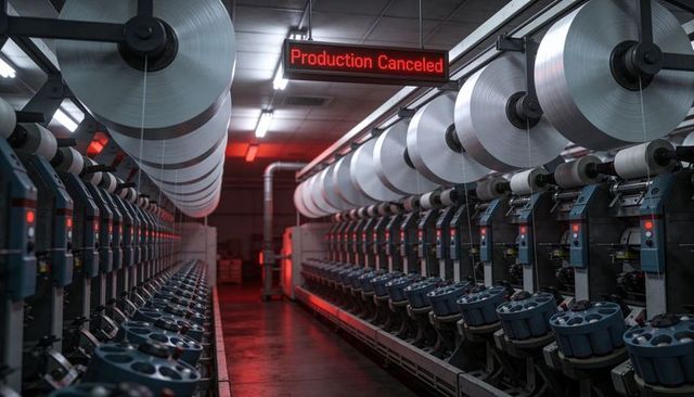 Idling textile spinning machines under red led 'production canceled' sign