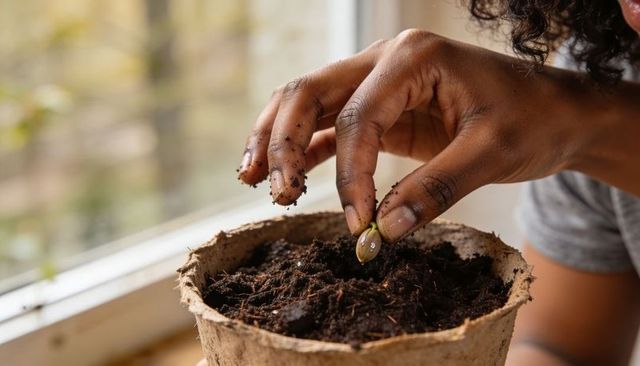 Closeup woman planting sprout in peat pot on sunlit windowsill, soil-covered fingers nurturing