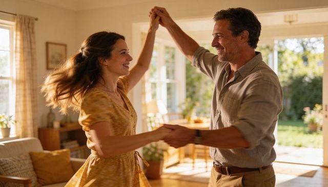 Golden hour home dance: couple twirling in sunlit living room by open doors to garden
