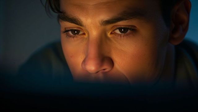 Young man gazing at laptop with warm amber screen glow and focused close-up expression