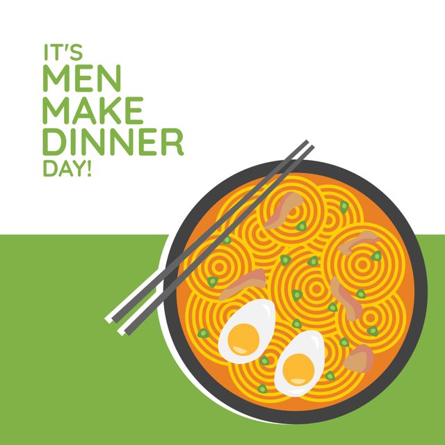 Colorful design highlights National Men Make Dinner Day with an appetizing bowl of noodles accompanied by chopsticks and topped with eggs and garnishes. Ideal for promoting cooking events, meal preparation campaigns, and food-related blogs or social media posts celebrating men's involvement in the kitchen.