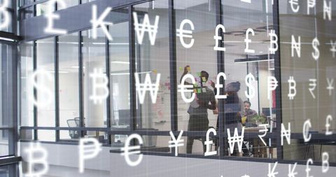 Currency Symbols Overlay Diverse Business Meeting Office Image