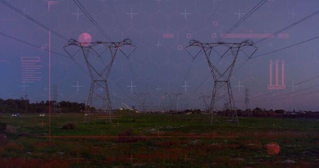 High-voltage towers with cyber technology overlay at dusk