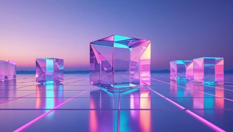 Futuristic Transparent Cubes on Neon Grid Floor at Sunset