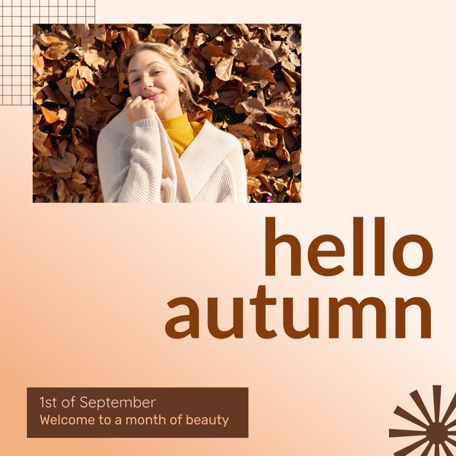 Happy Woman Enjoying Autumn Leaves with Hello Autumn Message - Download Free Stock Templates Pikwizard.com