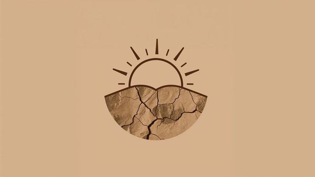 Earth cracked semicircle and rising sun on beige background