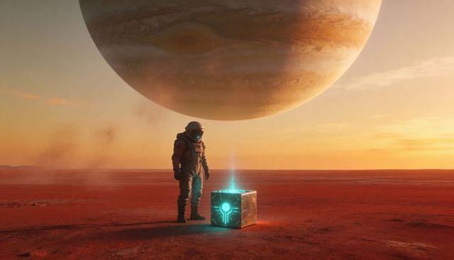 Astronaut inspecting glowing alien cube on red desert under giant gas planet sunset