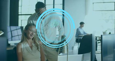 Smiling Colleagues Collaborating with AI Brain HUD Overlay in Modern Bright Office