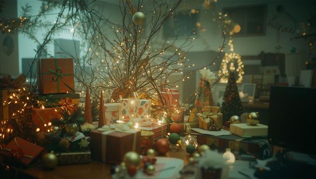 Festive holiday office with gifts and glowing decorations