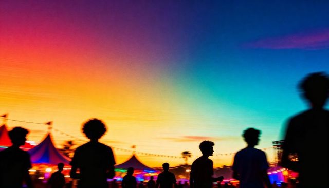 Crowd gathering at colorful sunset festival with tents and string lights silhouettes