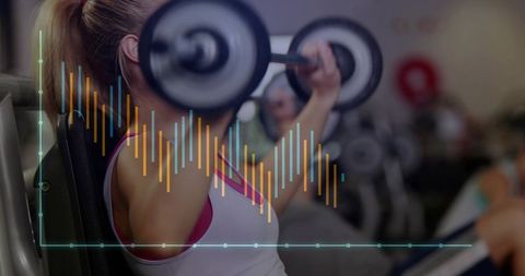 Woman lifting dumbbell on incline bench with colorful fitness analytics overlay