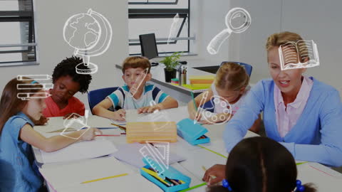 Diverse Young Learners with Teacher in Classroom Featuring Animated School Icons