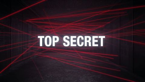 Top secret laser maze in dark corridor with glowing white text and red security beams