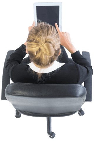Transparent View Blonde Businesswoman on Swivel Chair Using Tablet