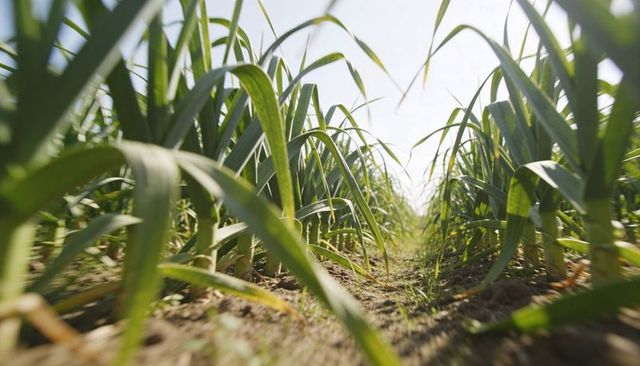 Low-angle field perspective framing sunlit rows of tall green crop leaves and dirt furrow